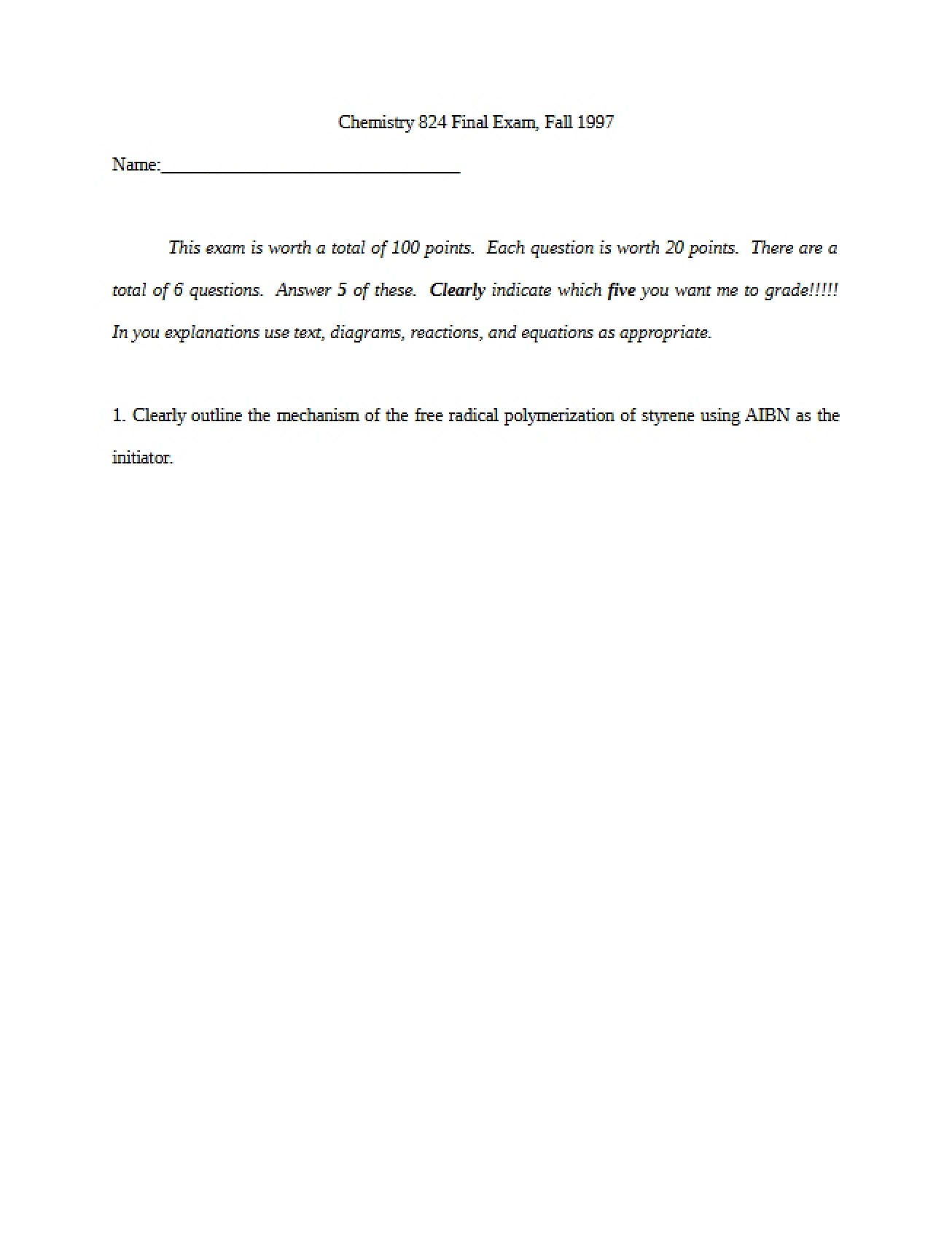 Final Examination for Chem 824