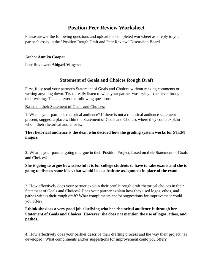 Worksheet for Position Peer Review