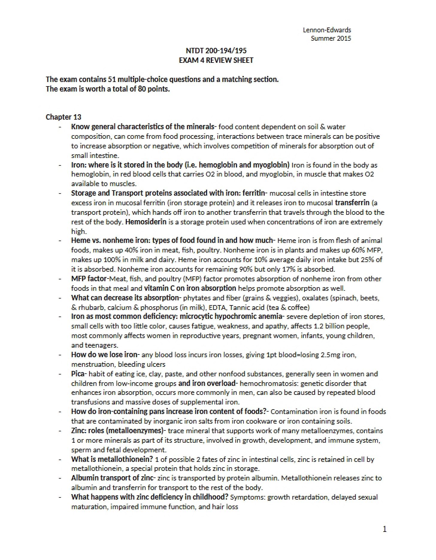 Sheet for Exam 4 Review