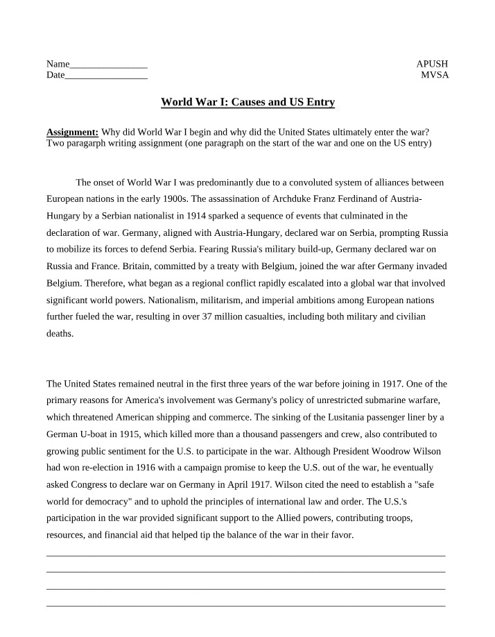 World War I - US Entry and Causes
