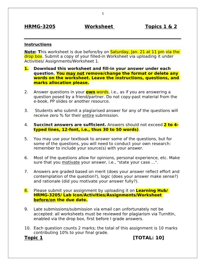 Worksheet for Labour Relations Assignment 1
