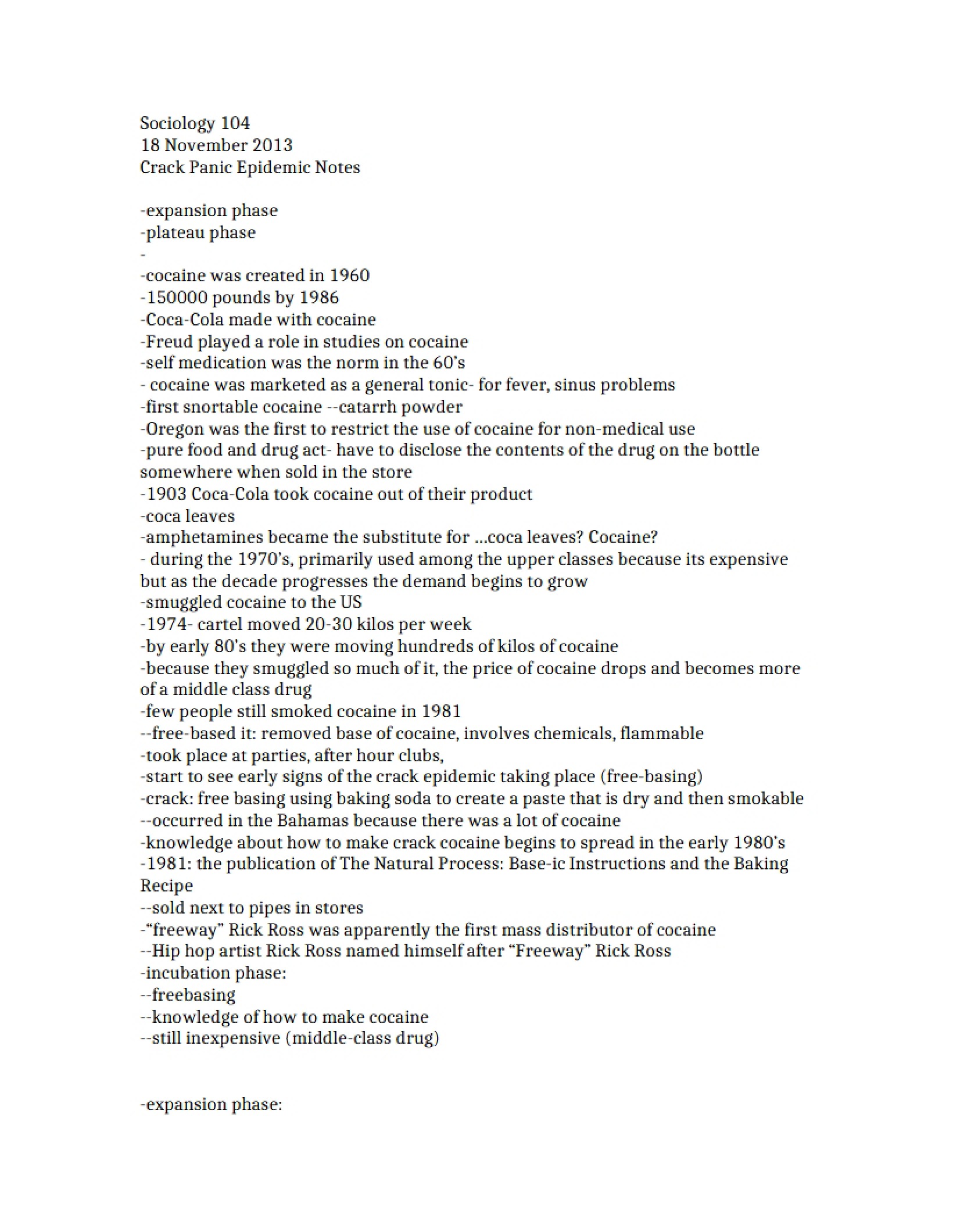 Notes on Crack Panic Epidemic - SOC 104