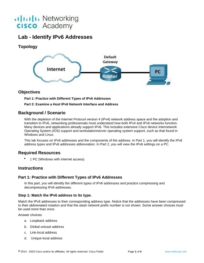IPv6 Address Types Identification and Compression Lab