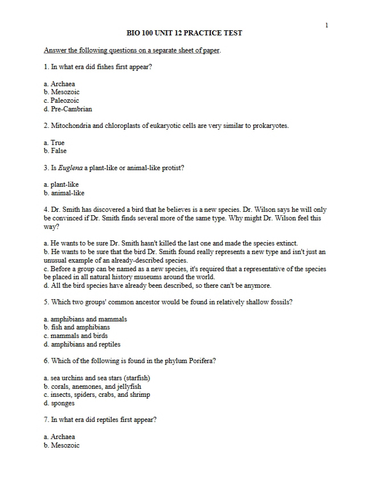 Practice Test for Unit 12