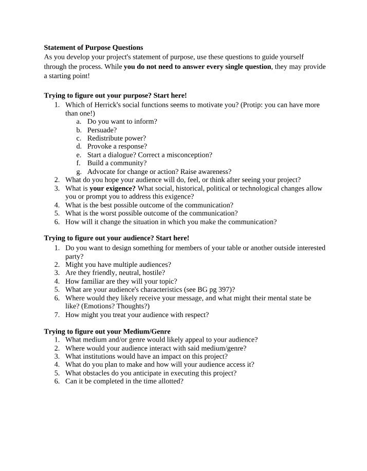 Questions for Statement of Purpose
