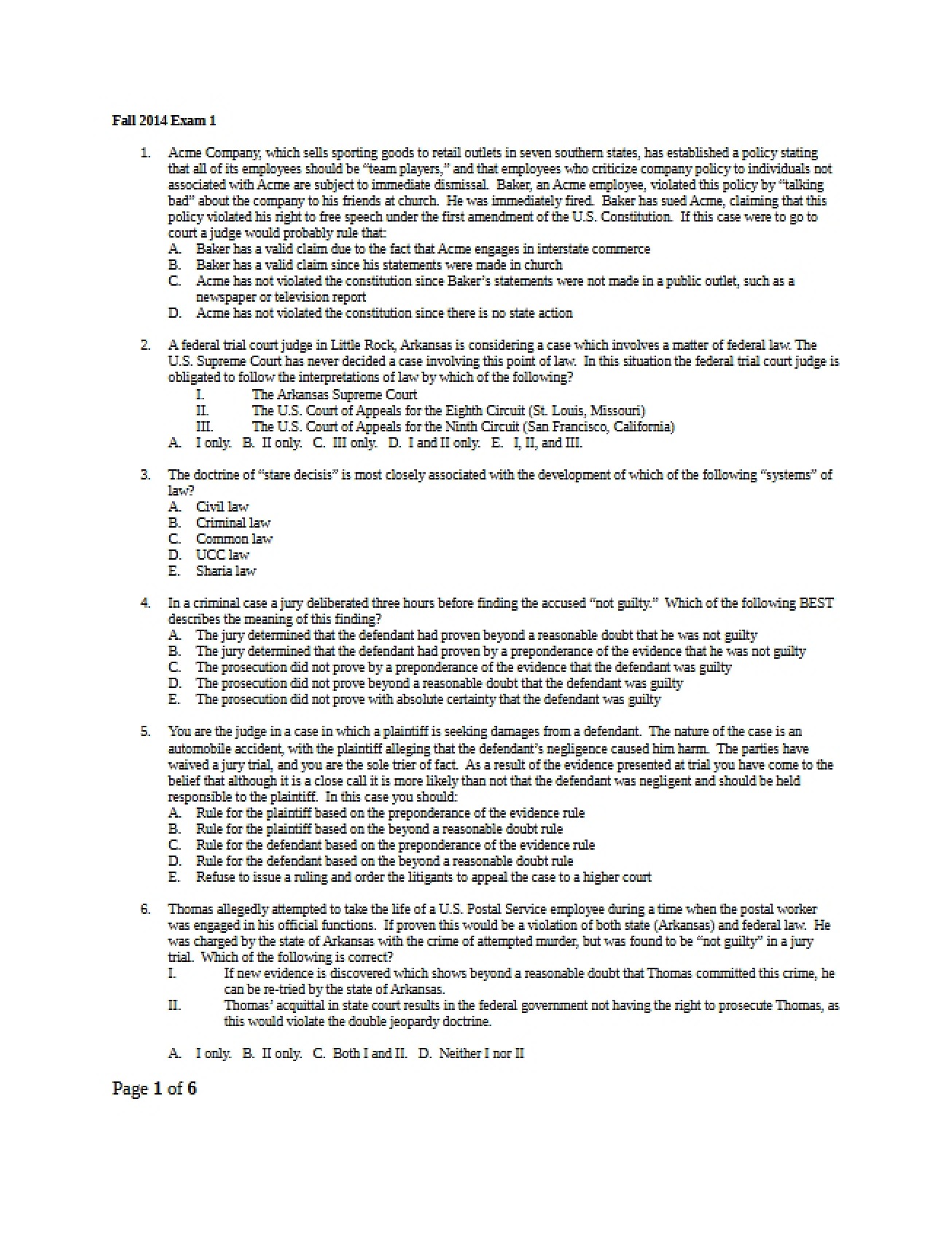 Business Law First Exam for Fall 2014
