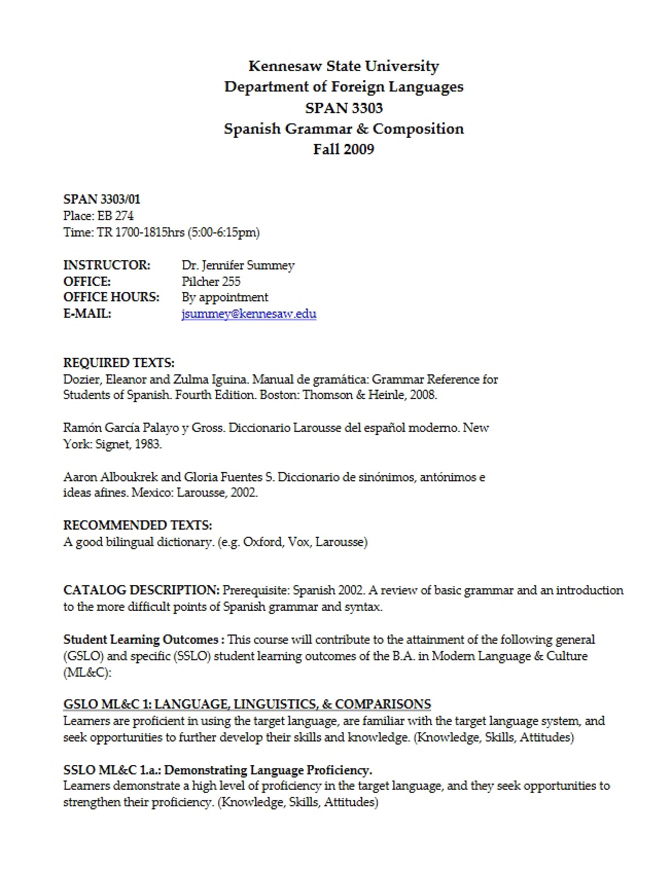 Course Information for Grammar and Composition