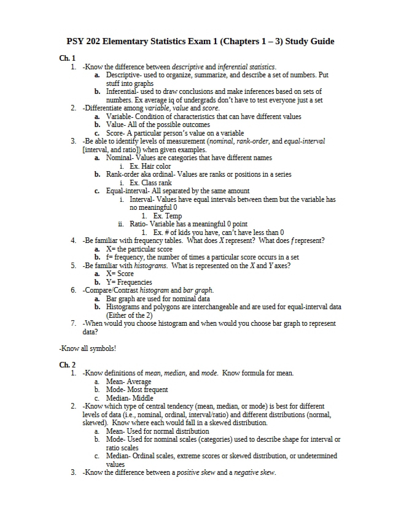 Elementary Statistics Exam 1 Review