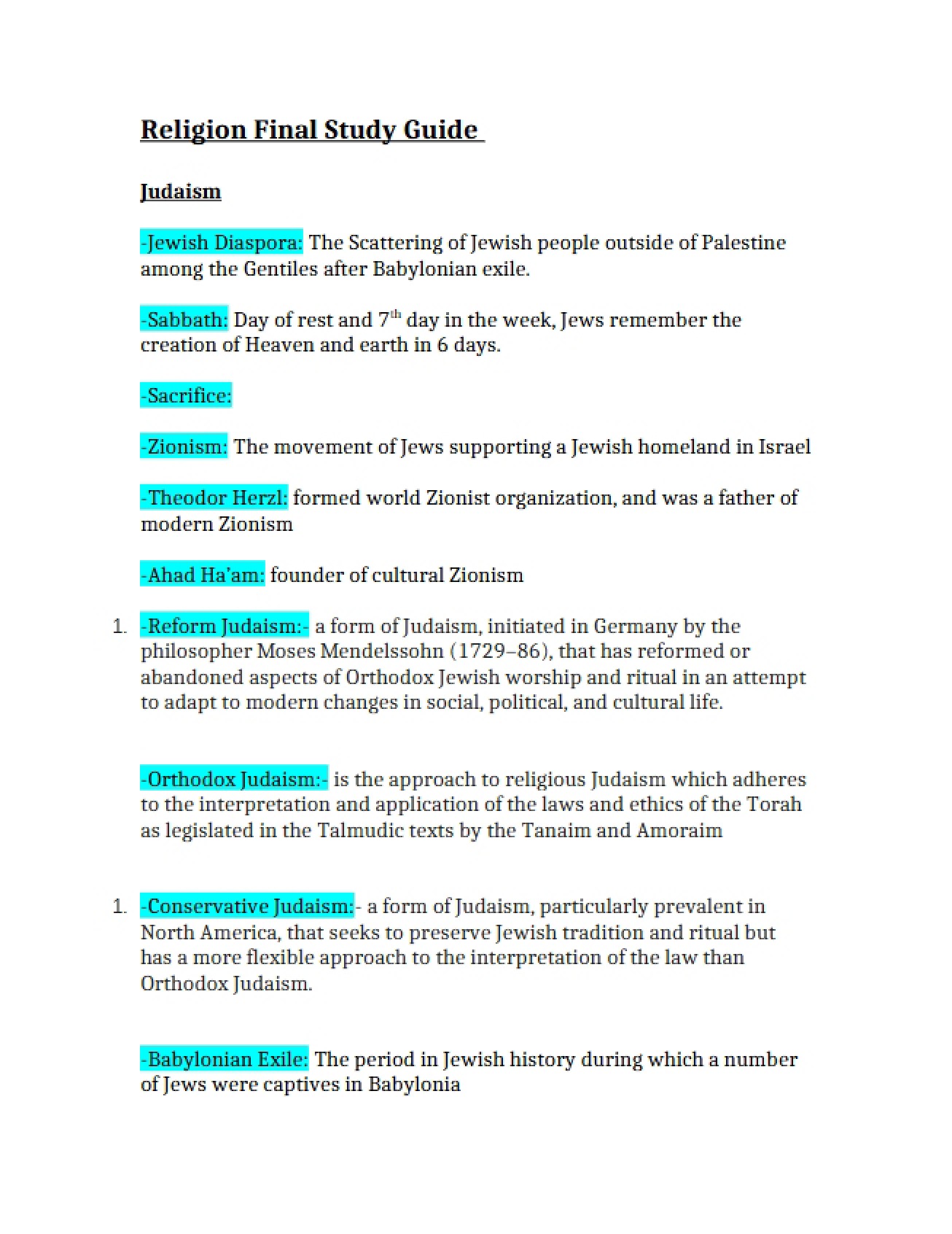 Study Guide for Religion Final