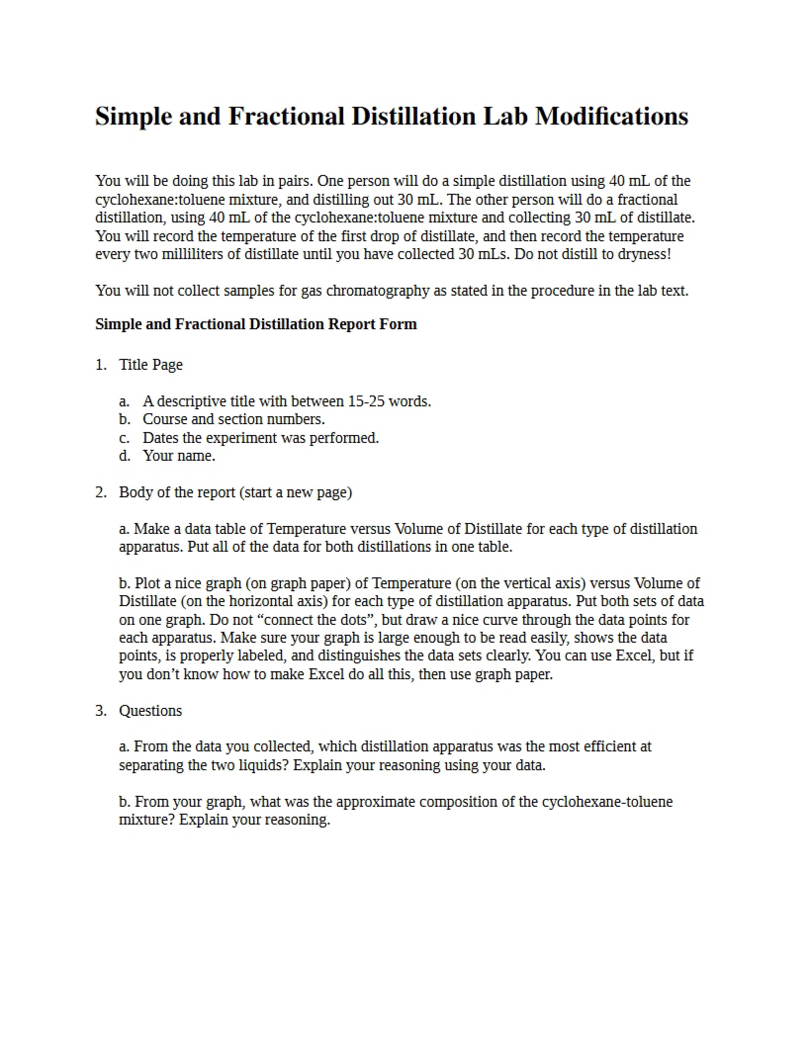 Lab Modifications Fractional and Simple Distillation