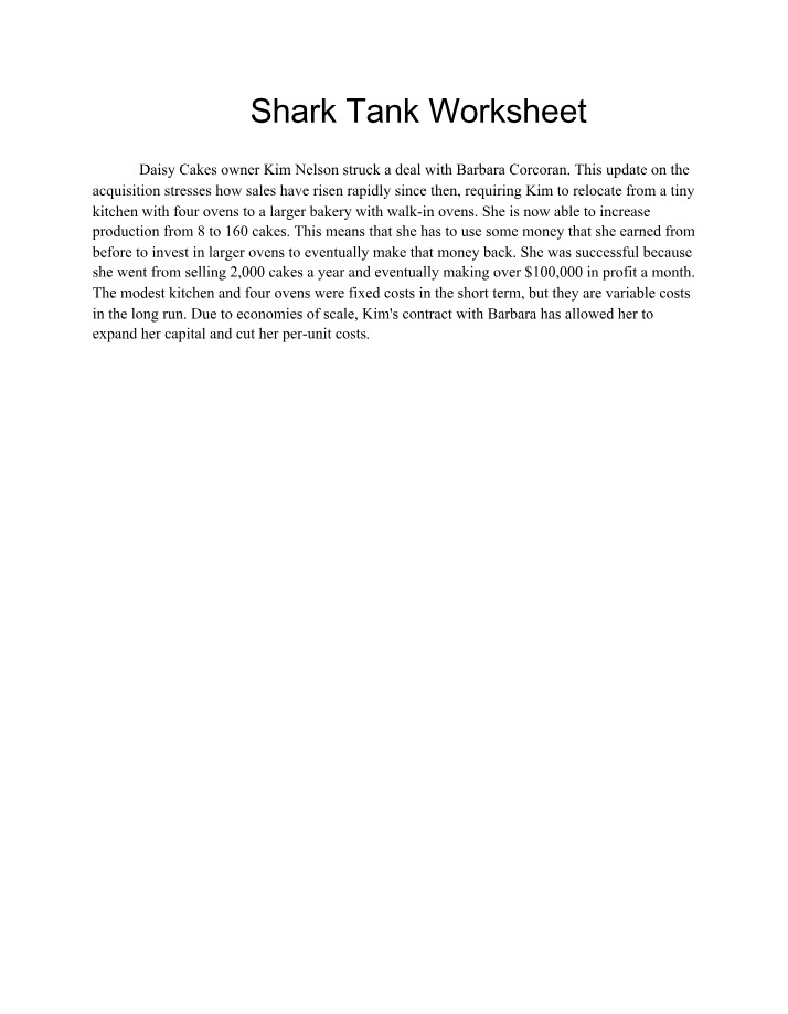 Worksheet for Shark Tank