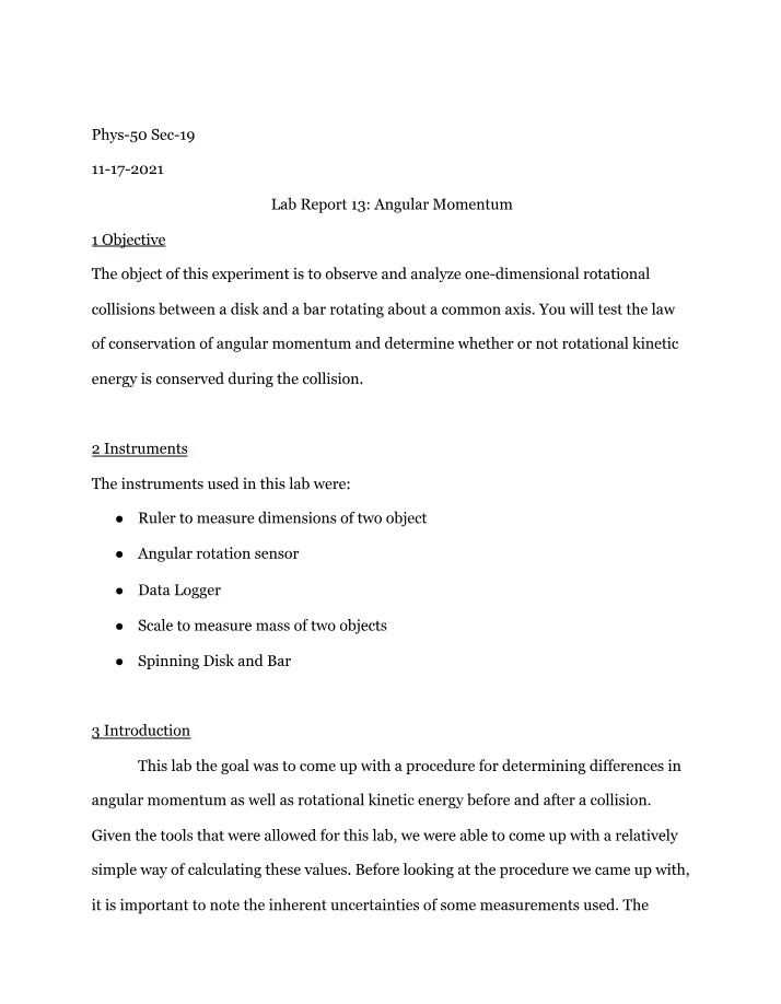 Angular Momentum and Rotational Kinetic Energy - Lab Report 13