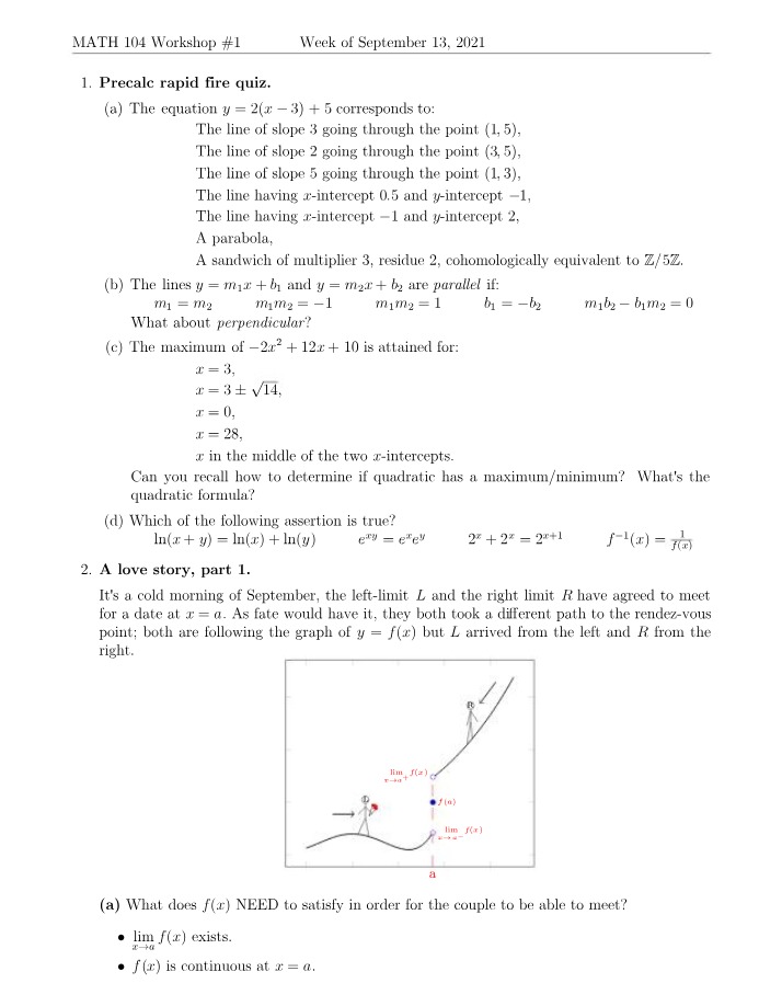 Workshop #1 - Precalc Quiz, Parallel Lines, and Limits (Math 104)