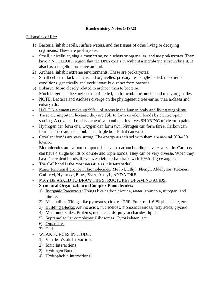 Notes on Biochemistry