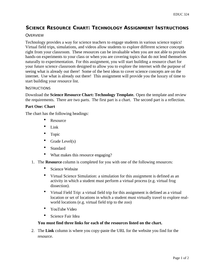 Technology Assignment Instructions - Science Resource Chart