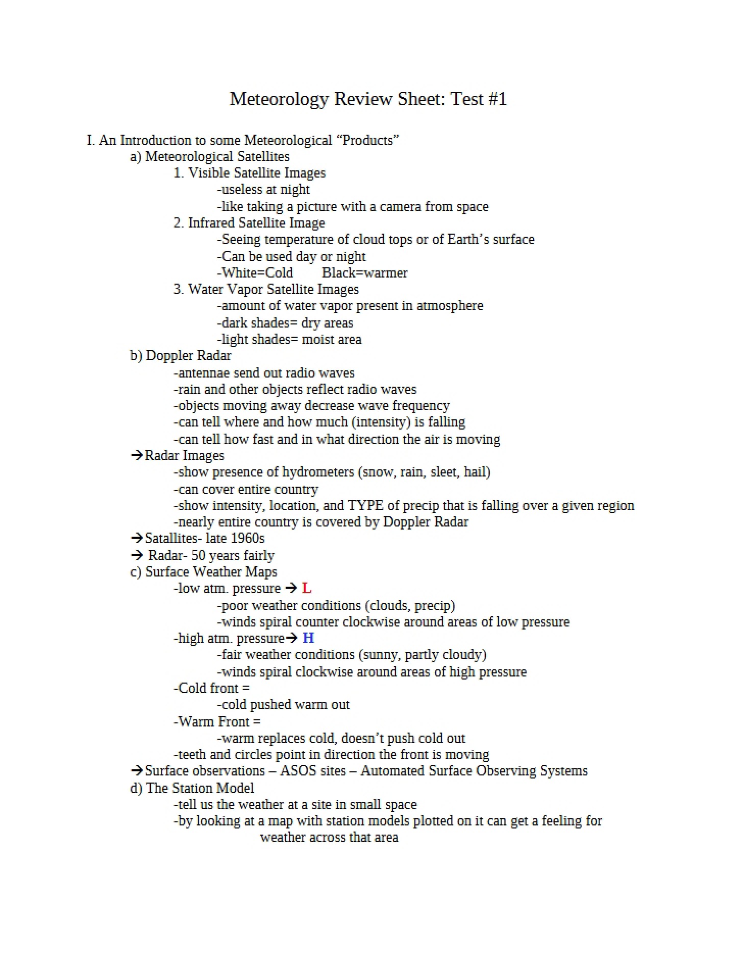 Review Sheet for Meteorology Test One