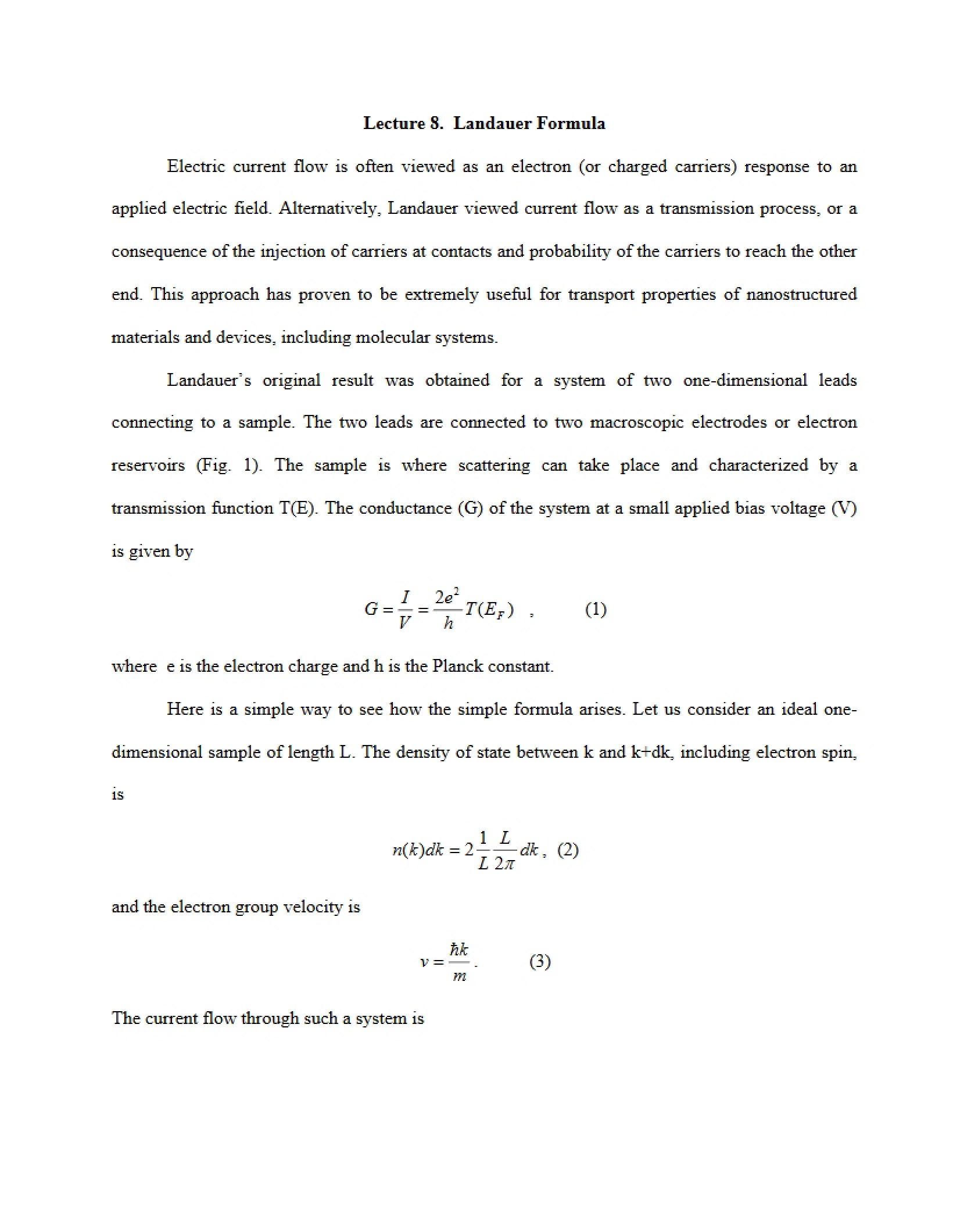 Landauer Formula (Lecture 8)