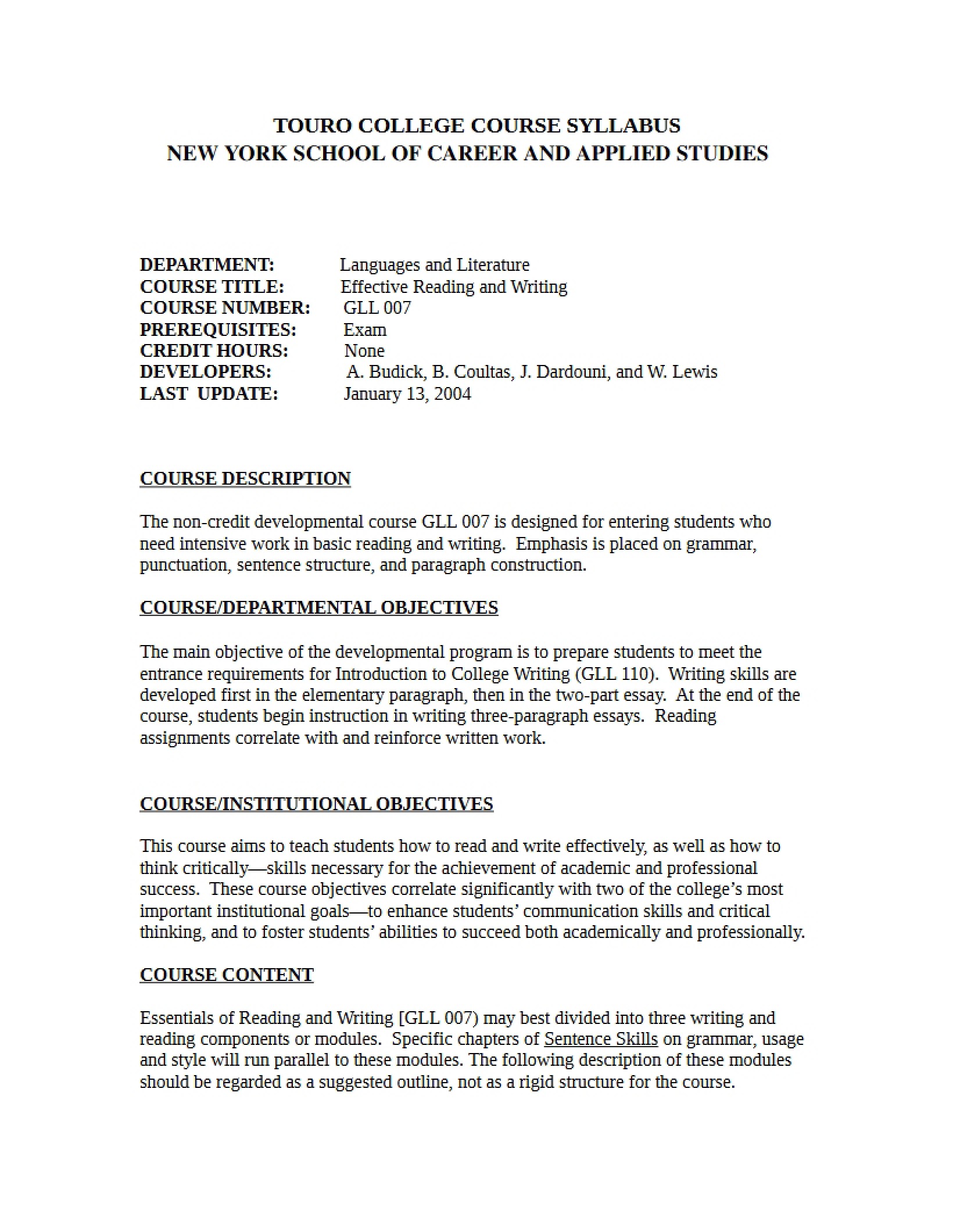 Reading and Writing Essentials Syllabus