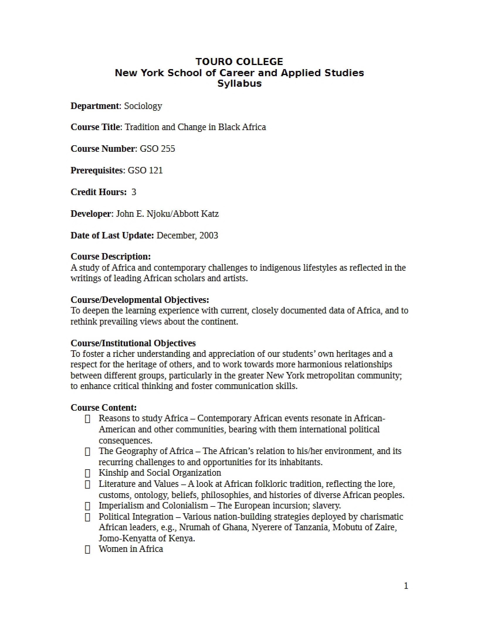 African Tradition and Change Syllabus