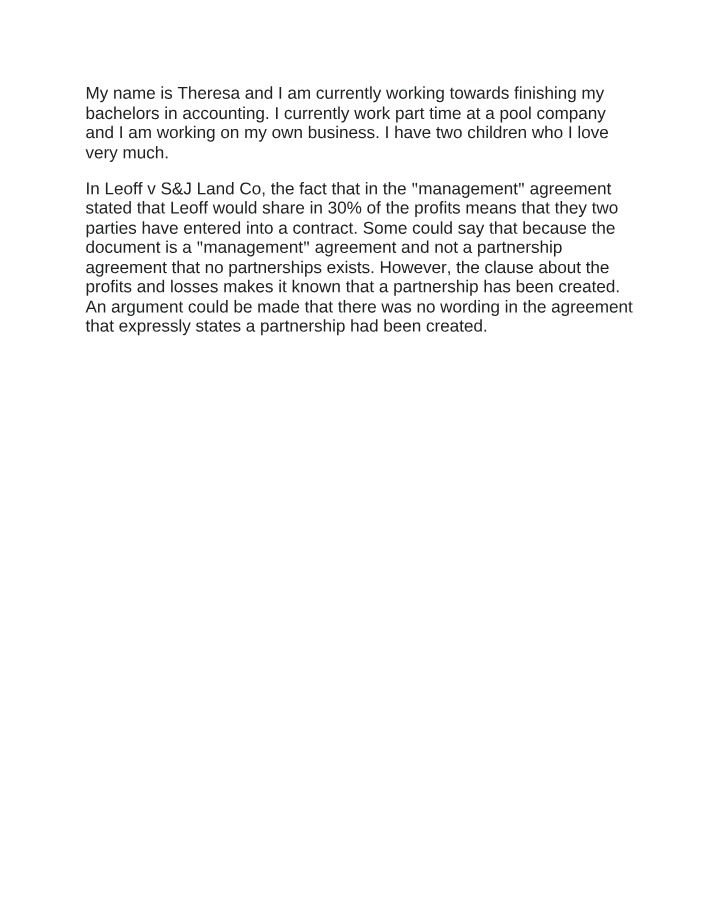 Partnership Agreement Analysis - Leoff v S&J Land Co