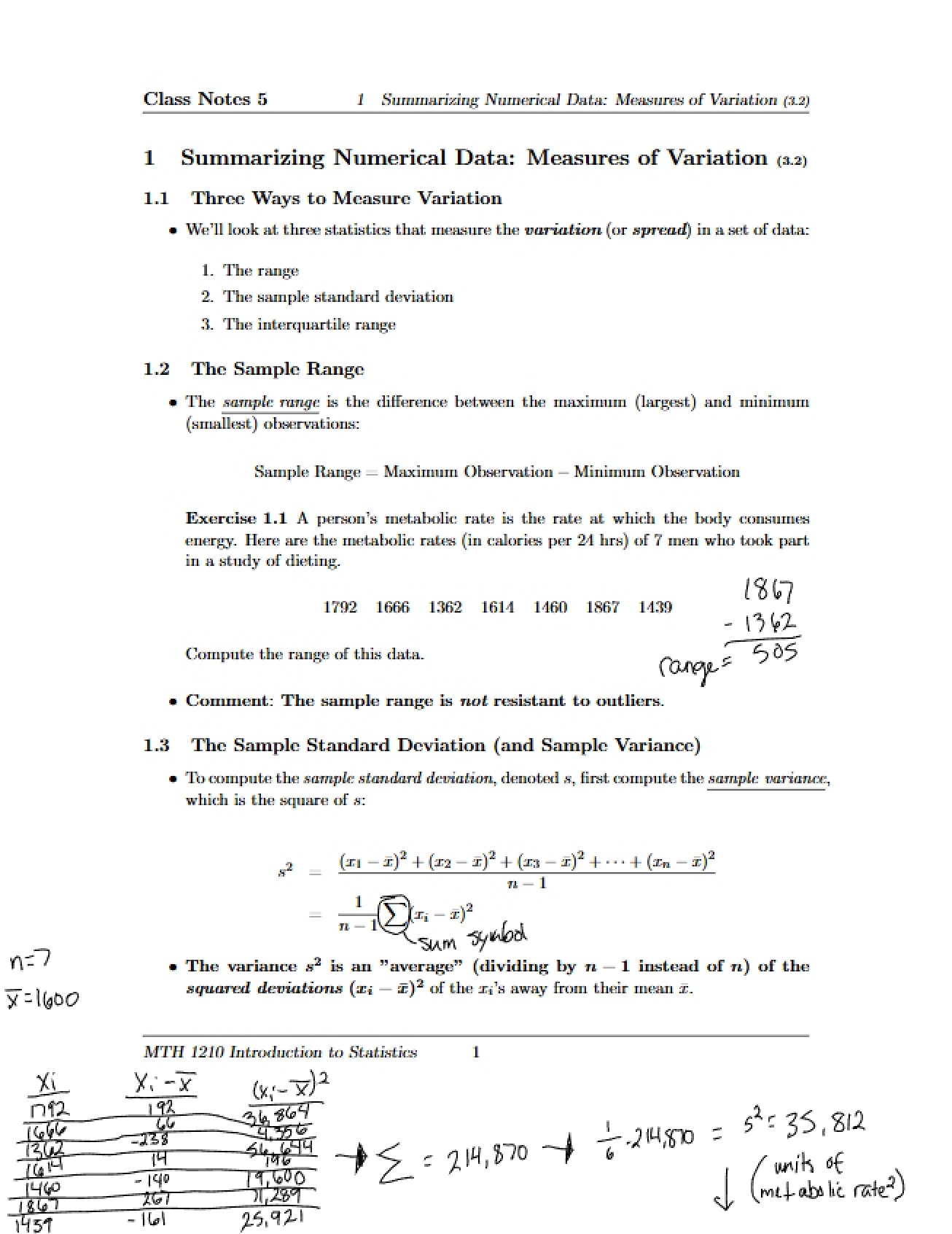 Numerical Data Summary Measures of Variation