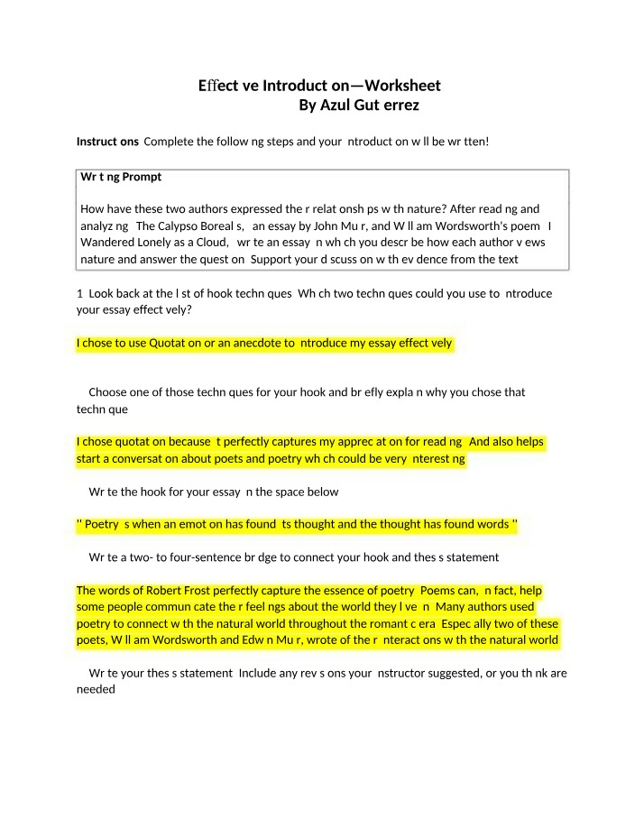 Effective Introduction - Writing Worksheet