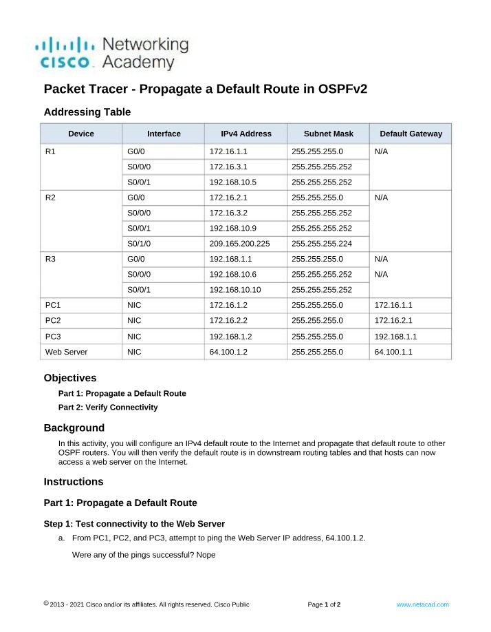 Configuring the Default Route in OSPFv2 - Step-by-Step Guide