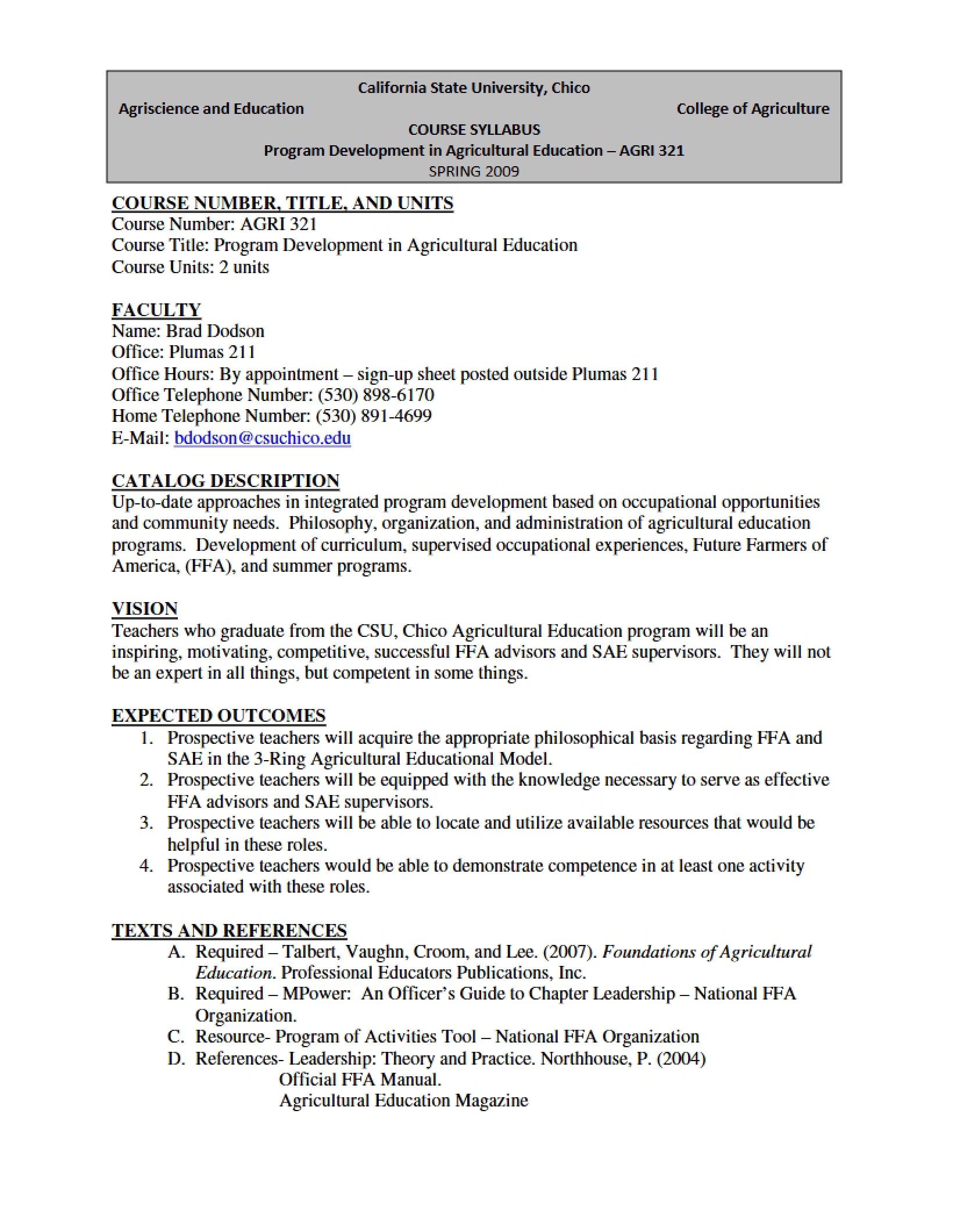 Syllabus Program Development in Ag Ed