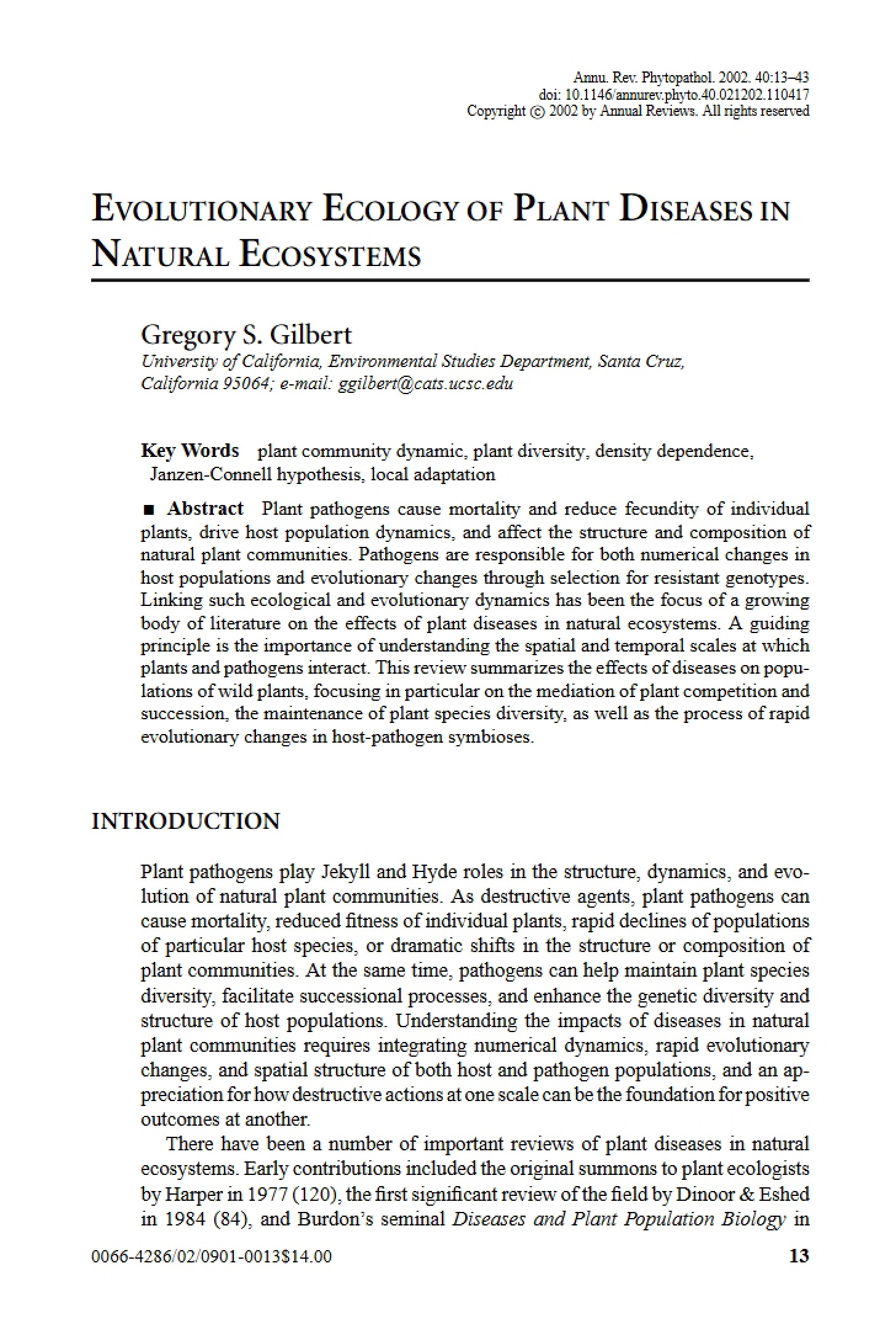Natural Ecosystems Plant Disease Evolutionary Ecology