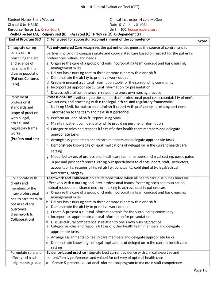 Clinical Evaluation Tool - NR221L