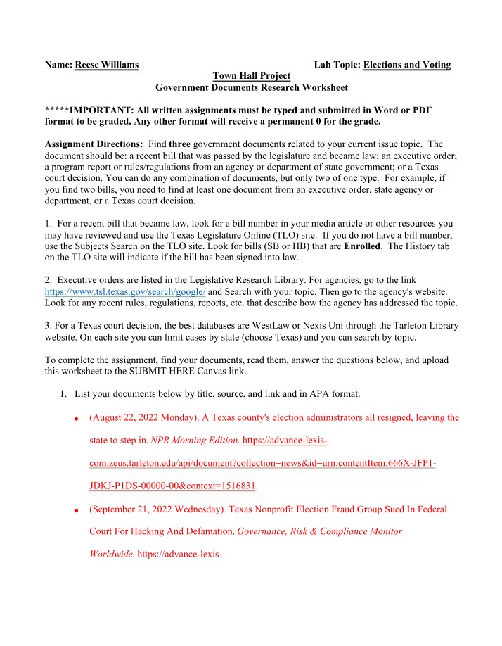 Worksheet for Government Documents Research
