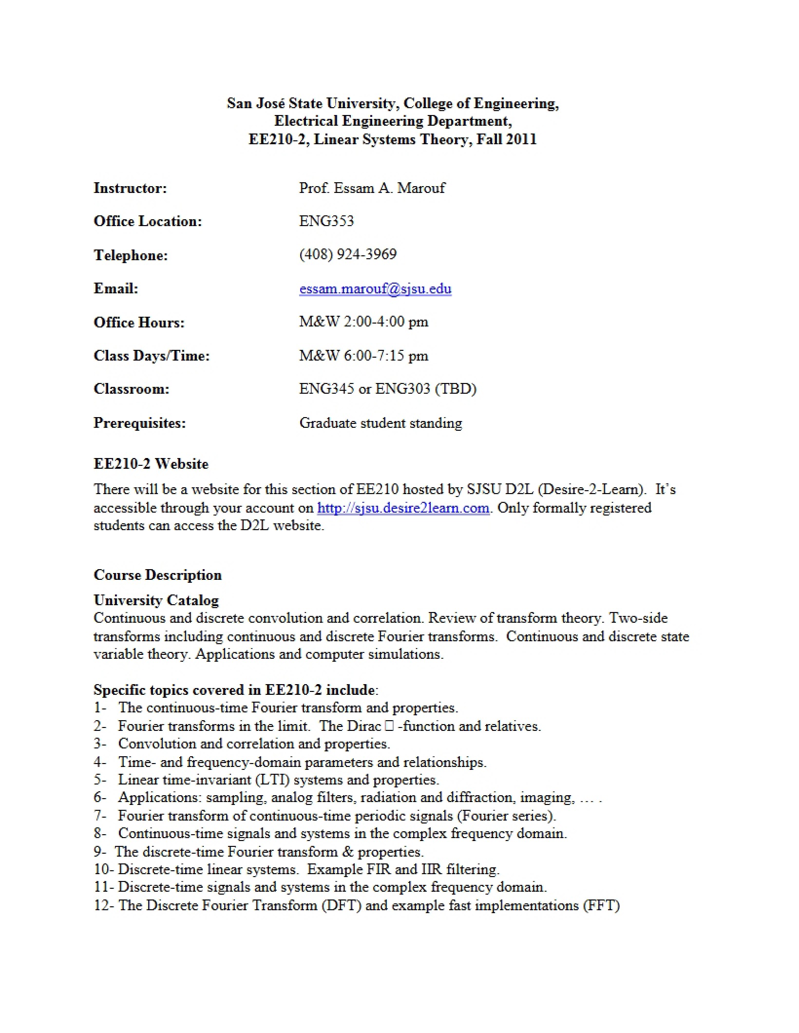 Syllabus Linear System Theory