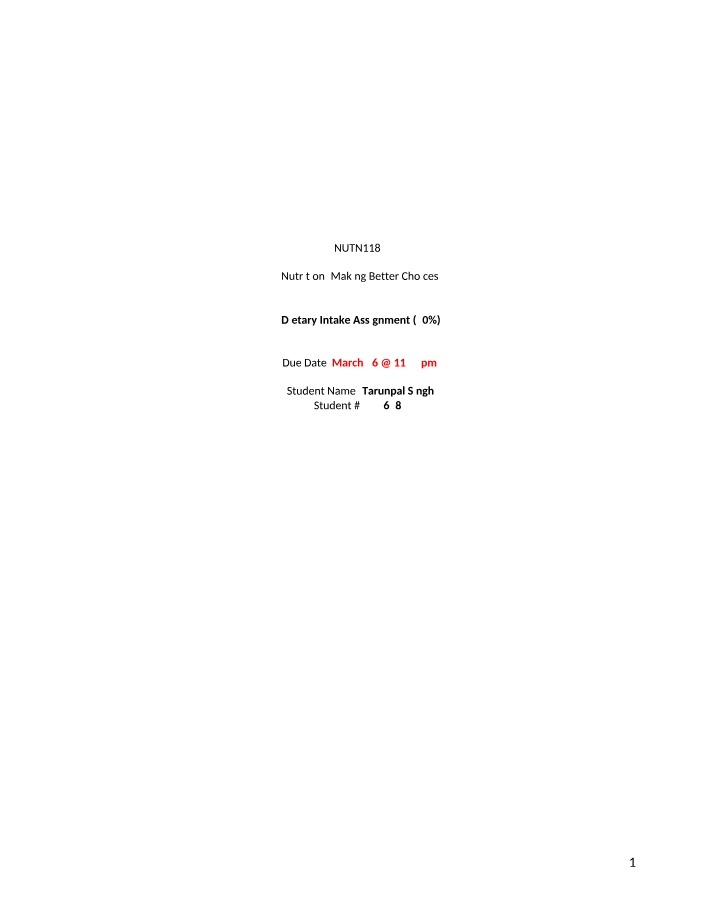 Zayn's Dietary Intake Assignment - NUTN1189 Nutrition