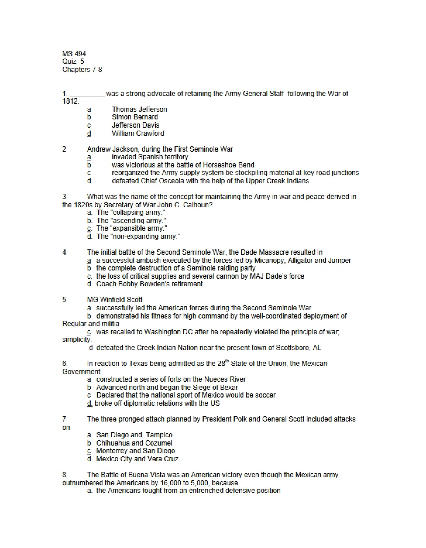 Quiz Five for MS 494