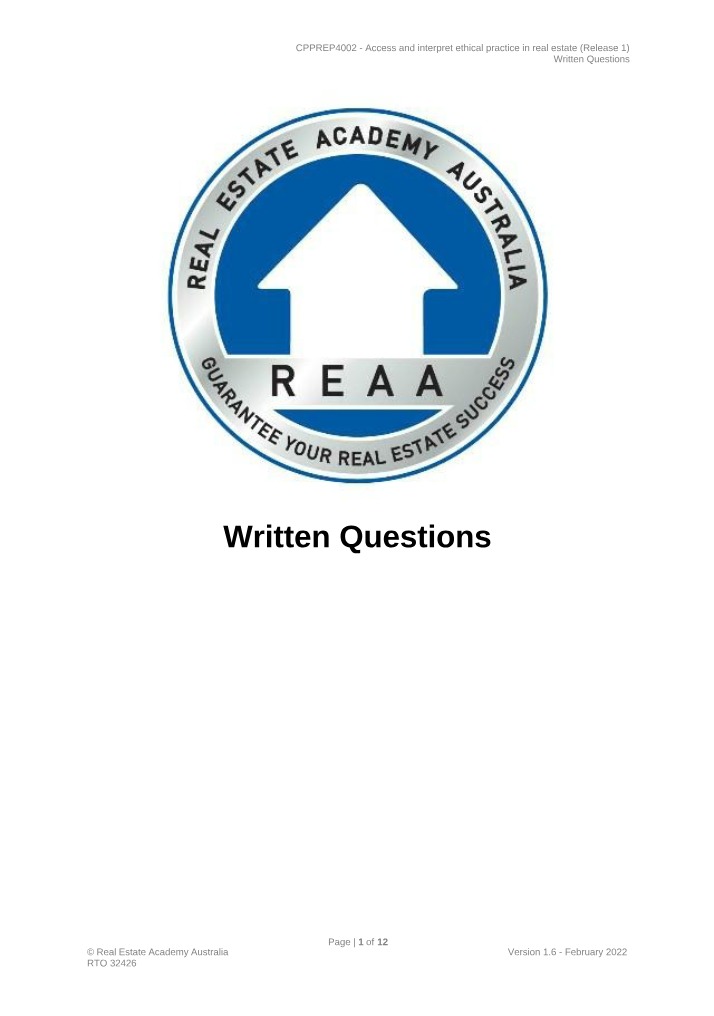 Written Questions - Ethical Practices in Real Estate Legislation