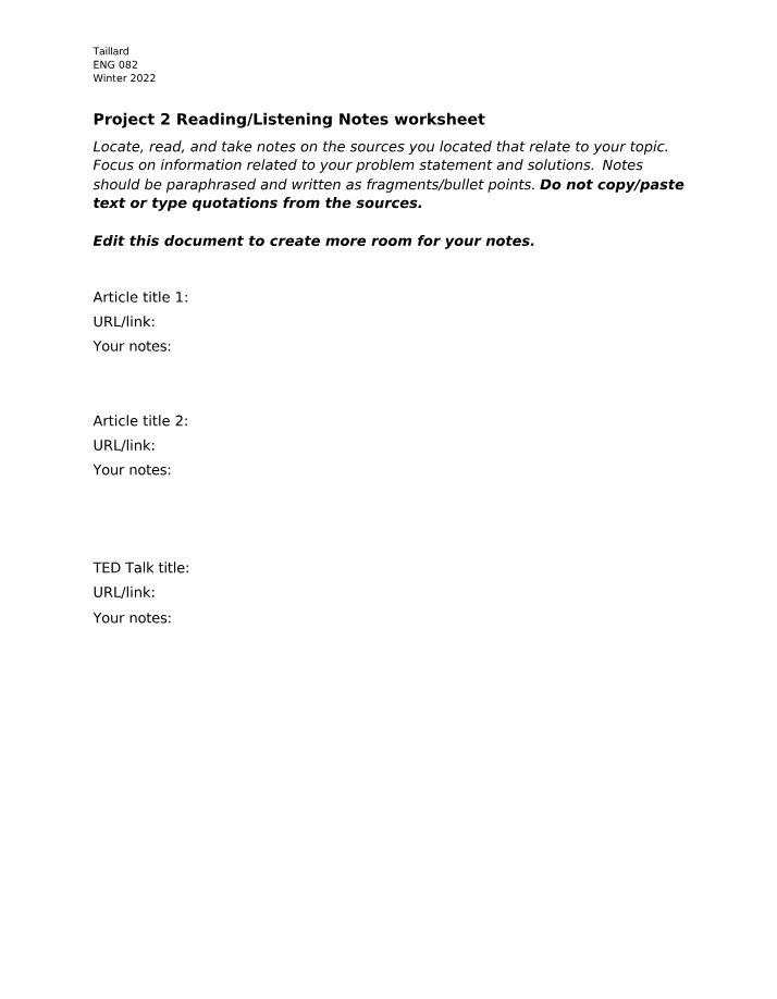 Worksheets for Project 2