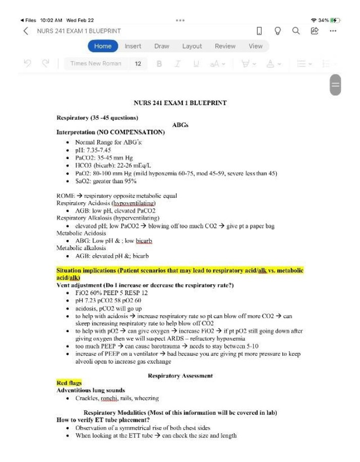 Respiratory Assessment and ABG - NURS 241 Exam 1