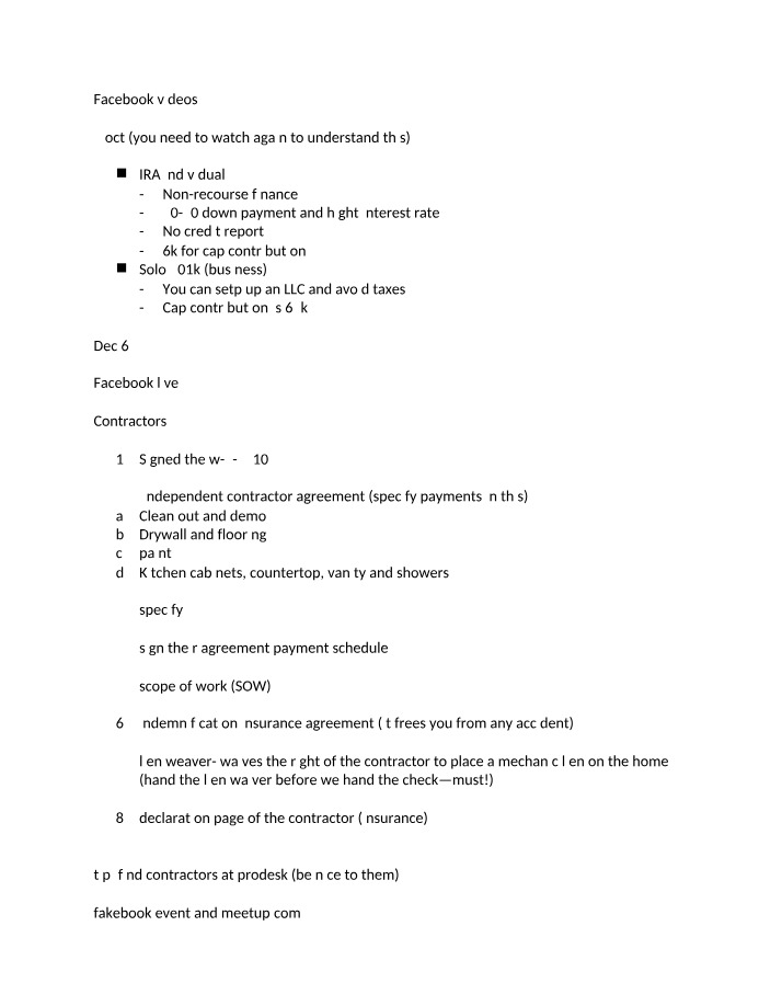 Notes on Contractor Agreement and Facebook Videos