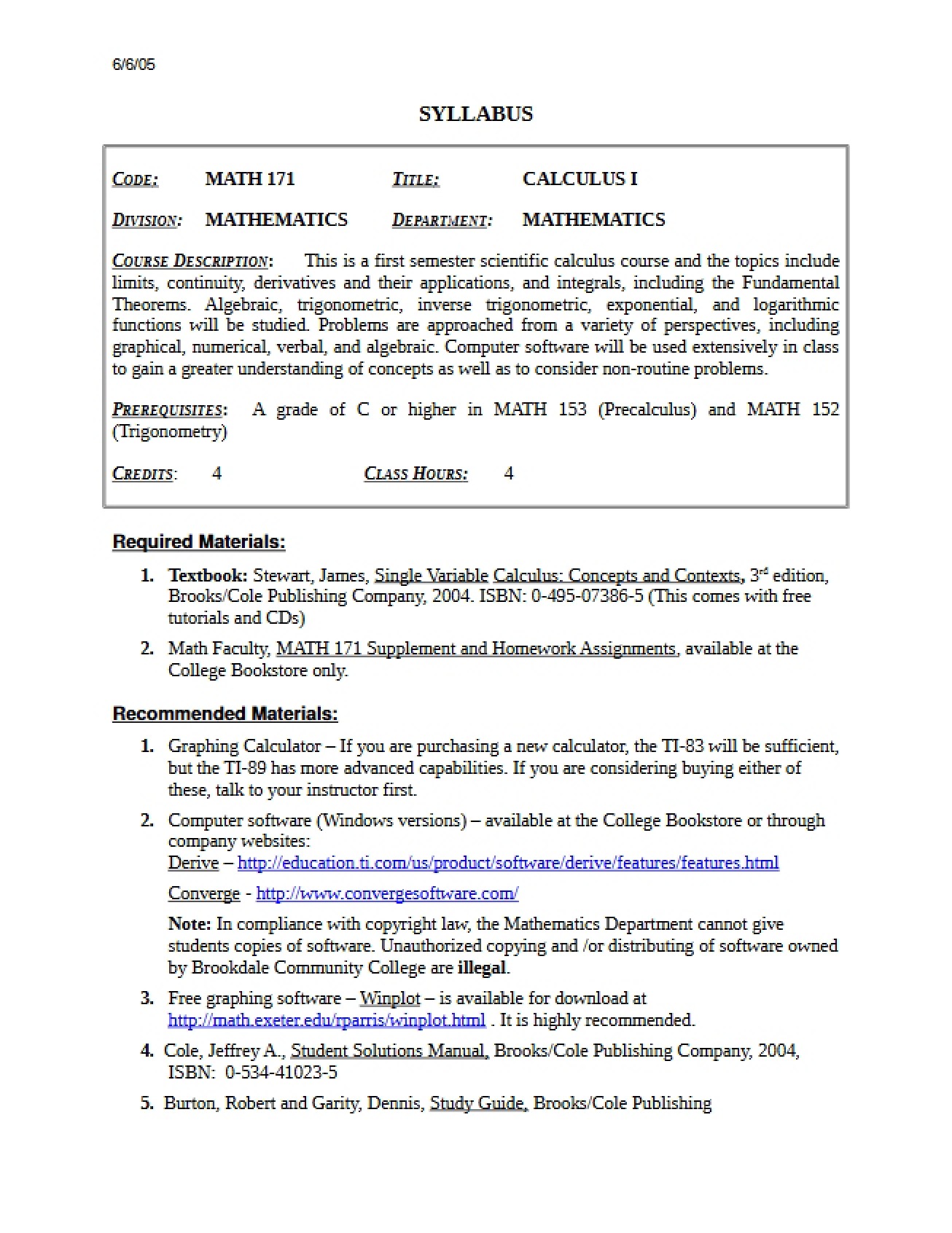 Calculus I Syllabus