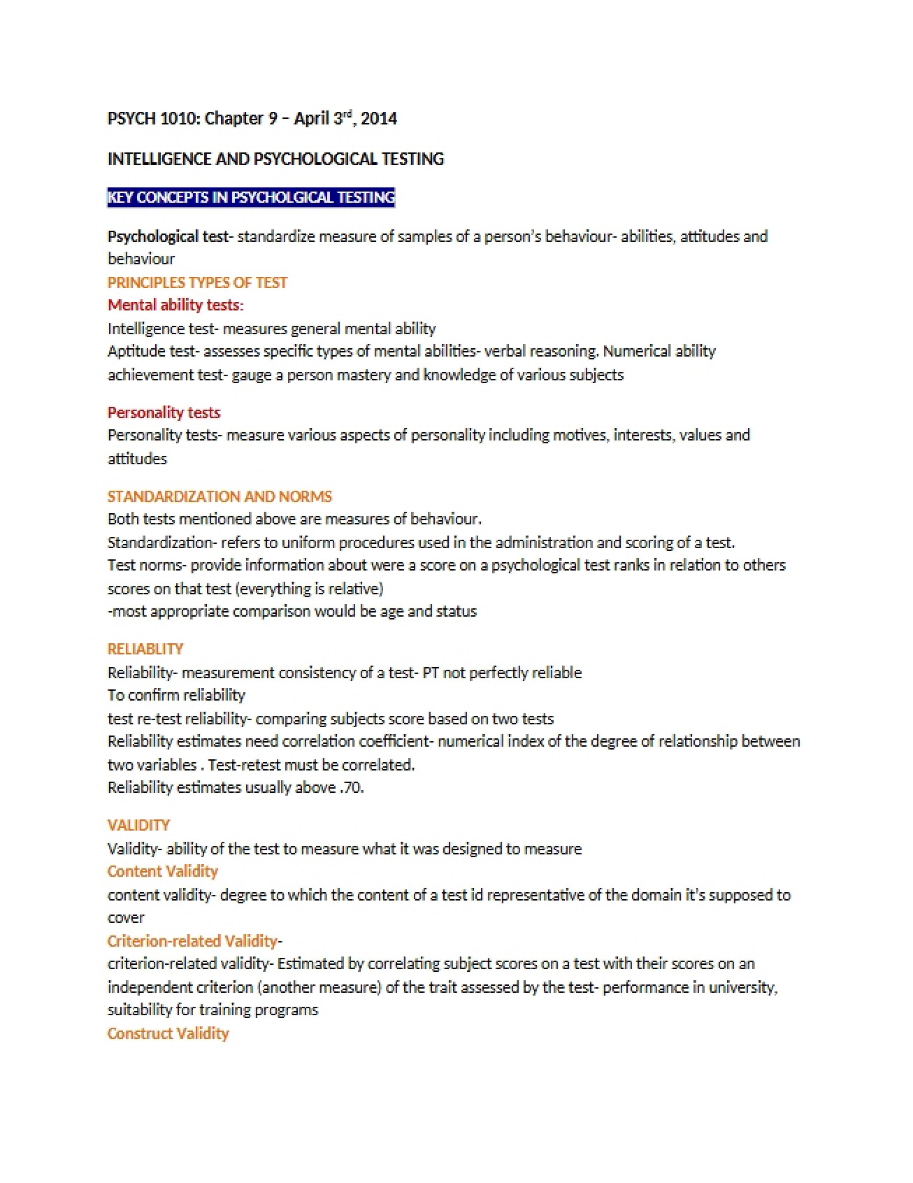Psychological Testing and Intelligence