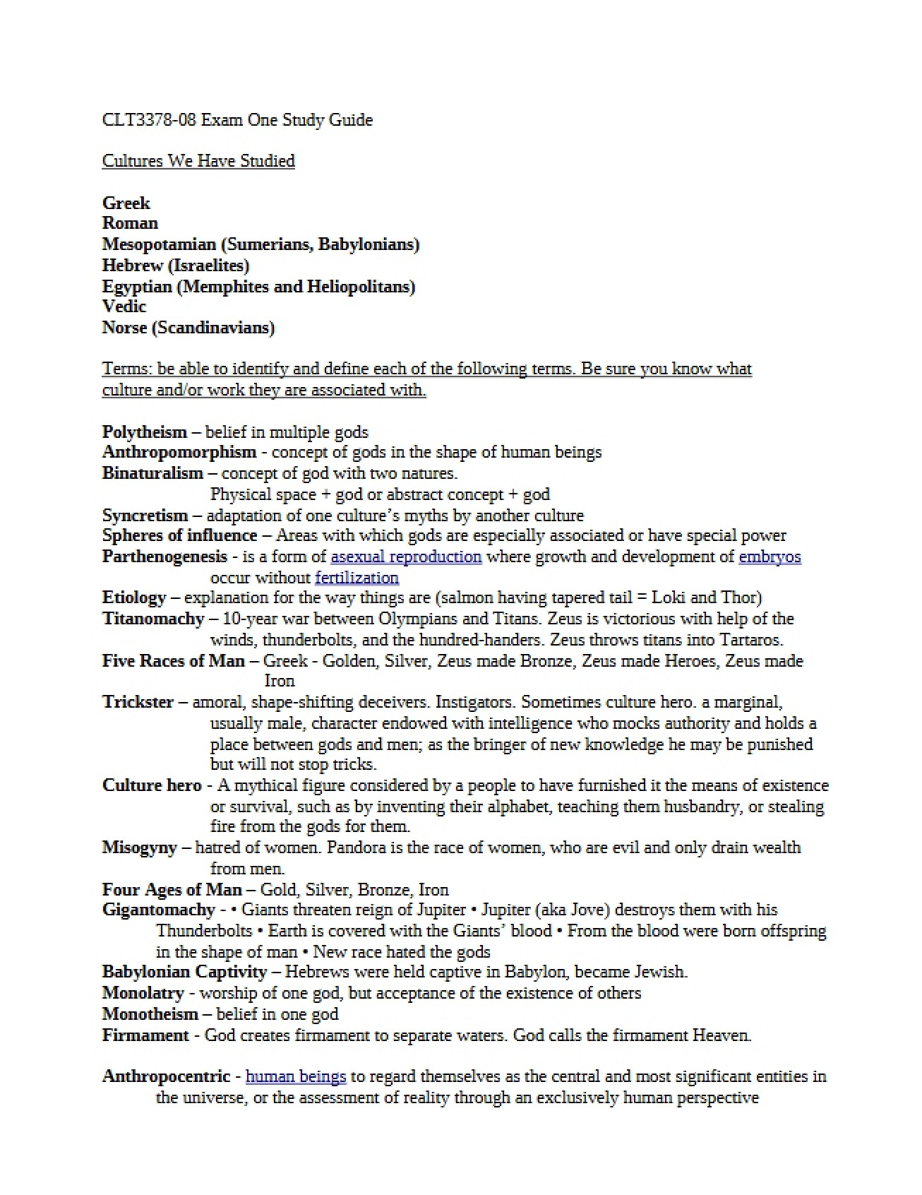 First Examination Review for Ancient Mythology (Set 2)
