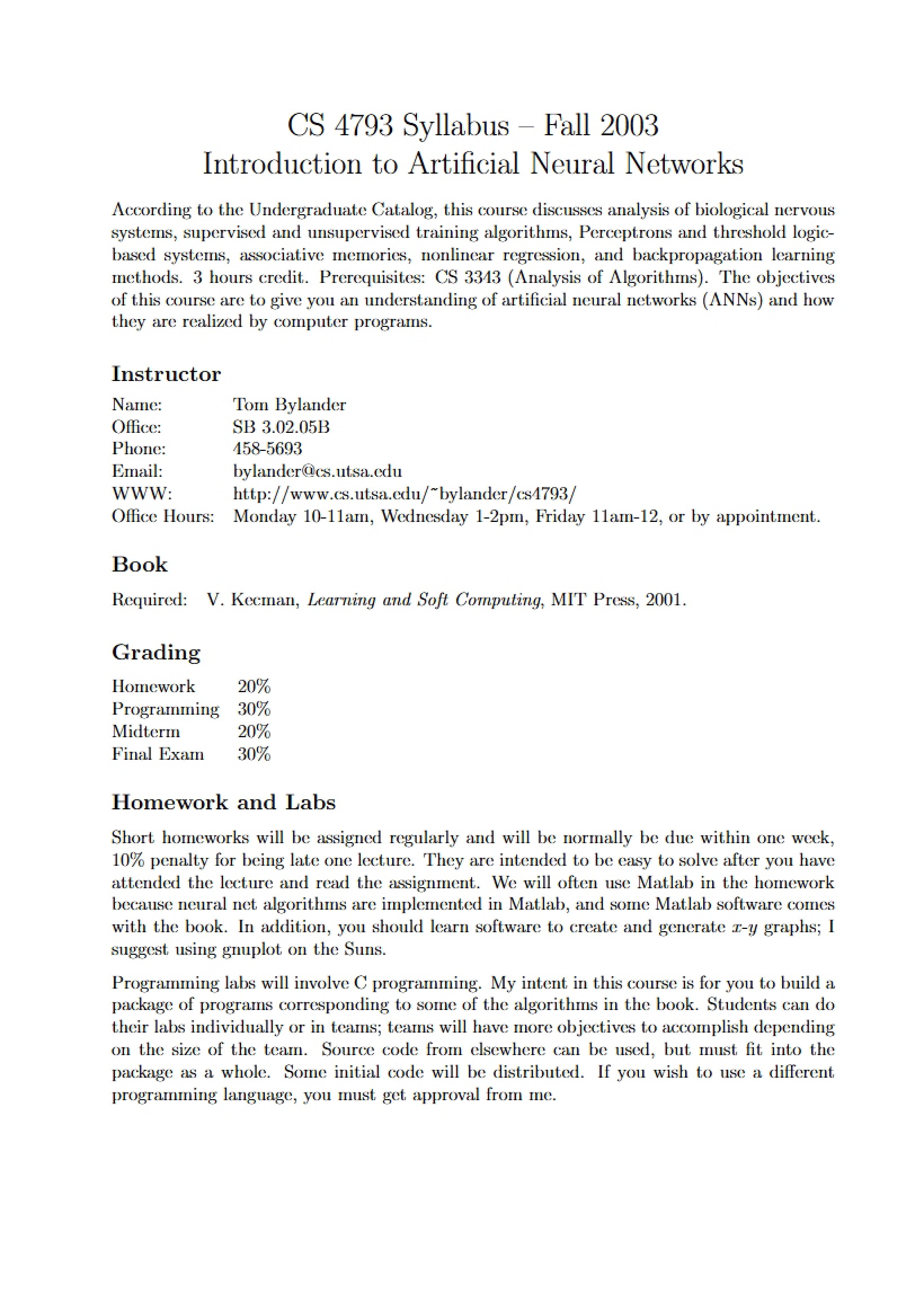 Artificial Neural Networks Syllabus