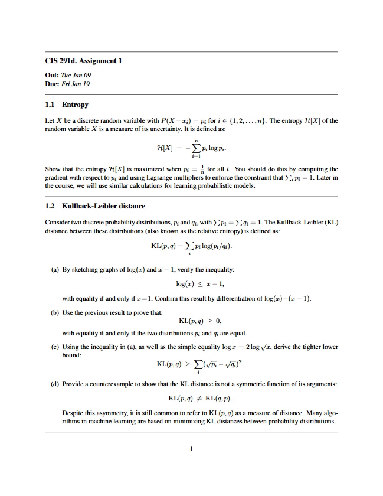 Initial Problem Set for CSE 291D
