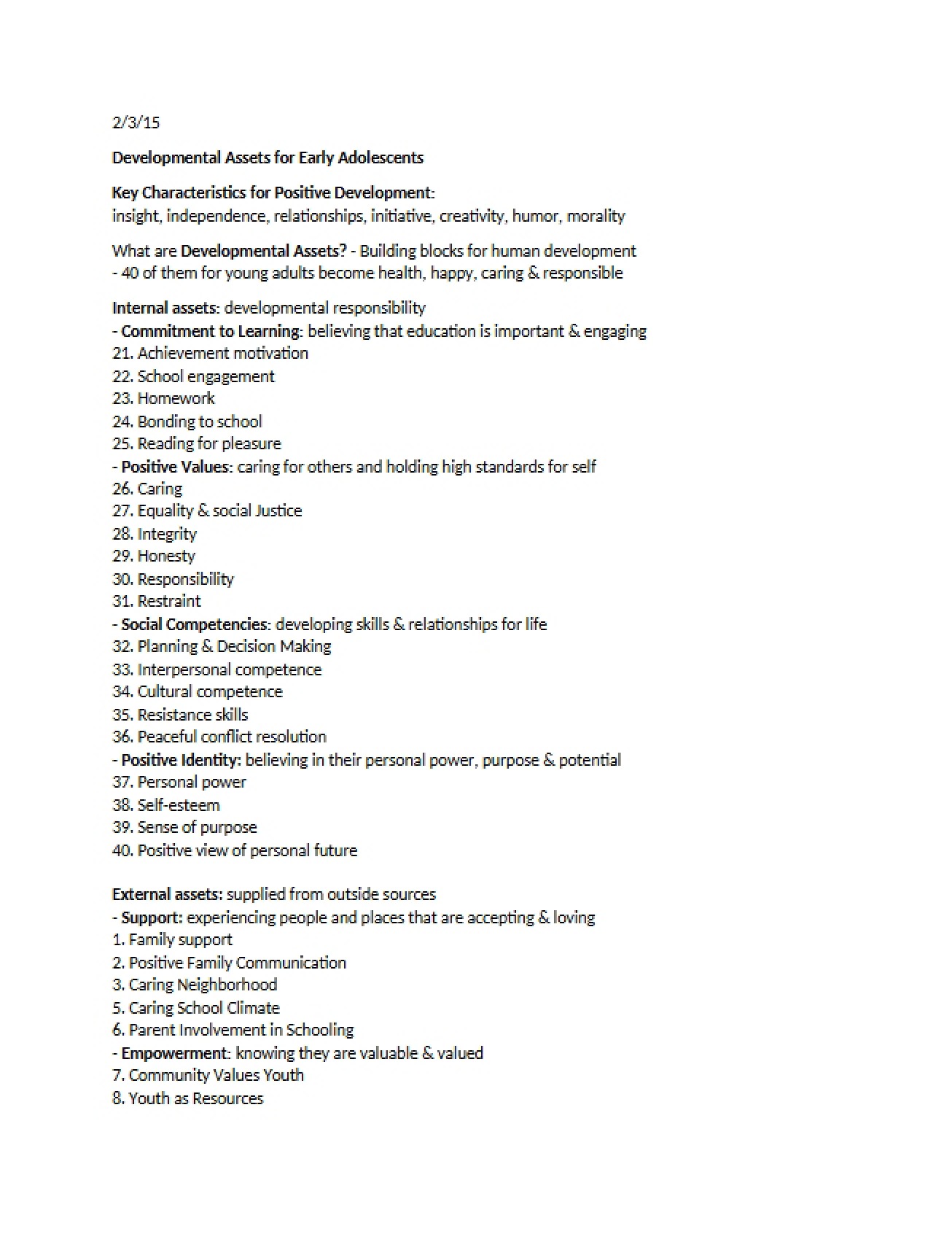 Early Adolescent Developmental Assets