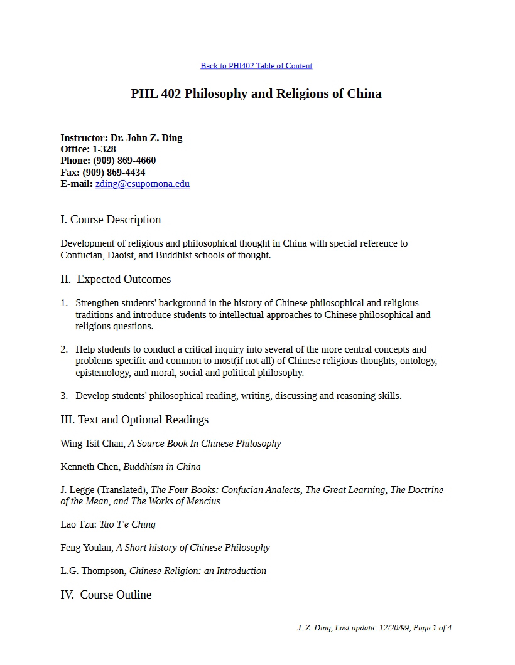 Syllabus for Chinese Philosophy