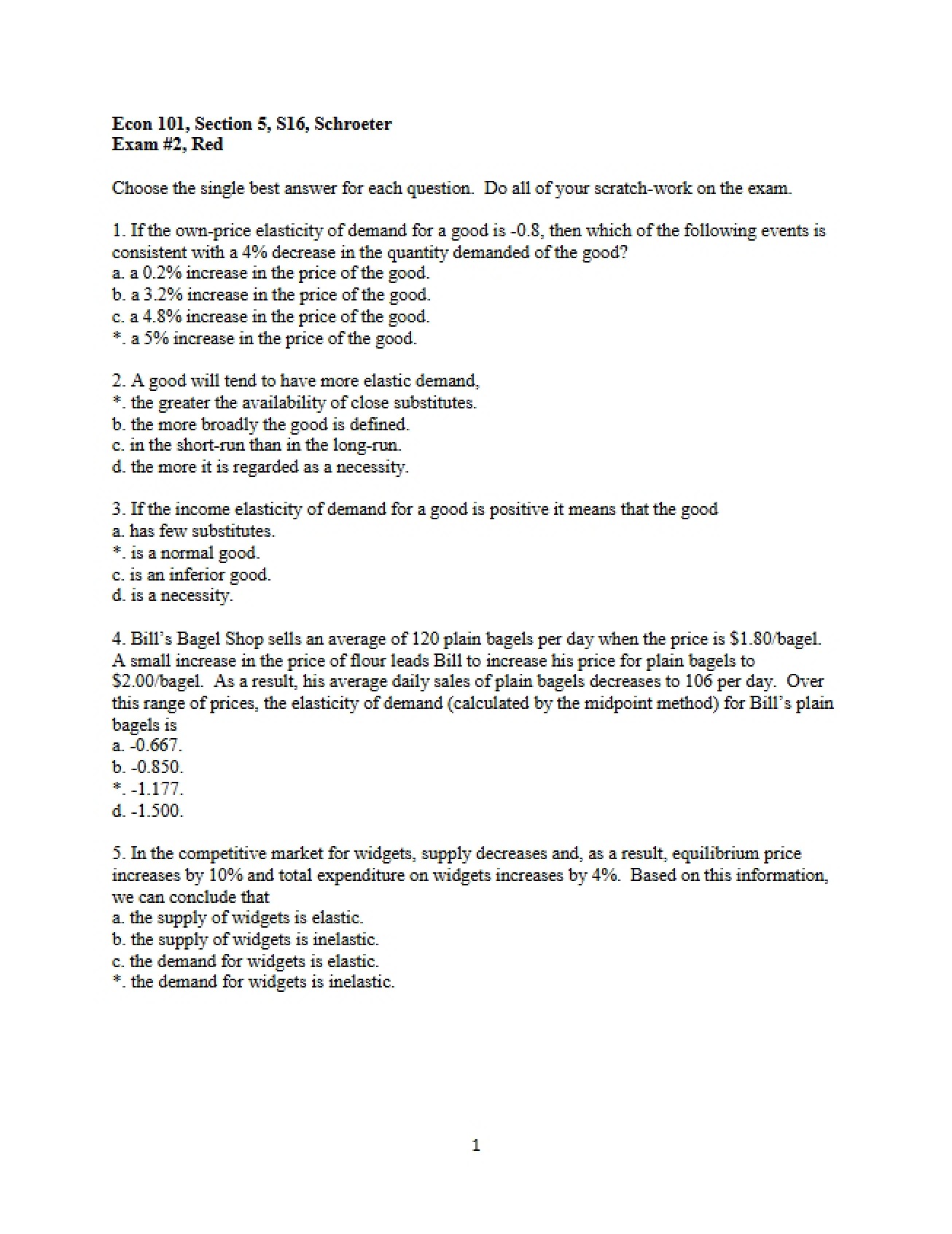 Answer Key for the Red Version of the Second Microeconomics Exam, Spring 2016