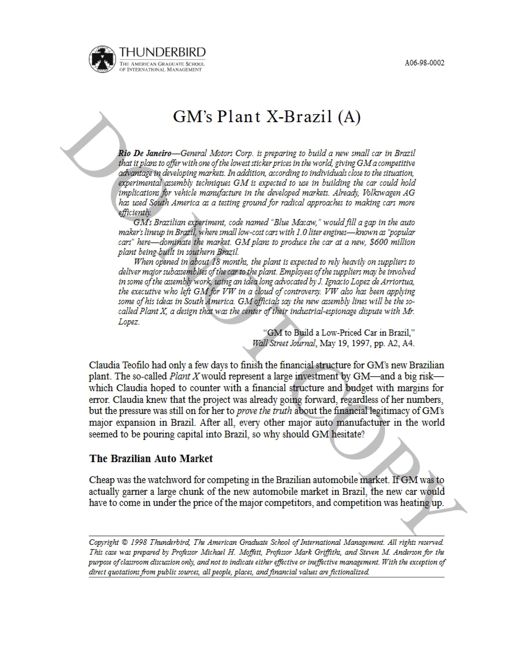 Brazil Plant X General Motors (Case A)