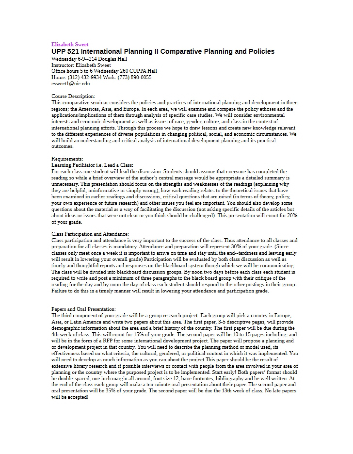 Comparative Planning and Policies International Planning II