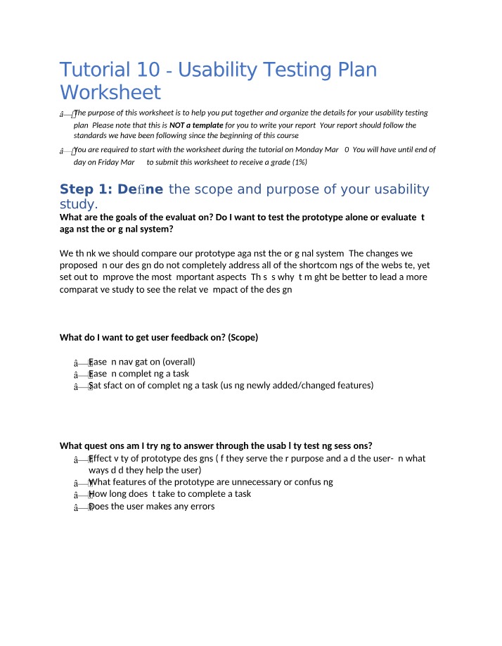 Worksheet for Tutorial 10 Usability Evaluation