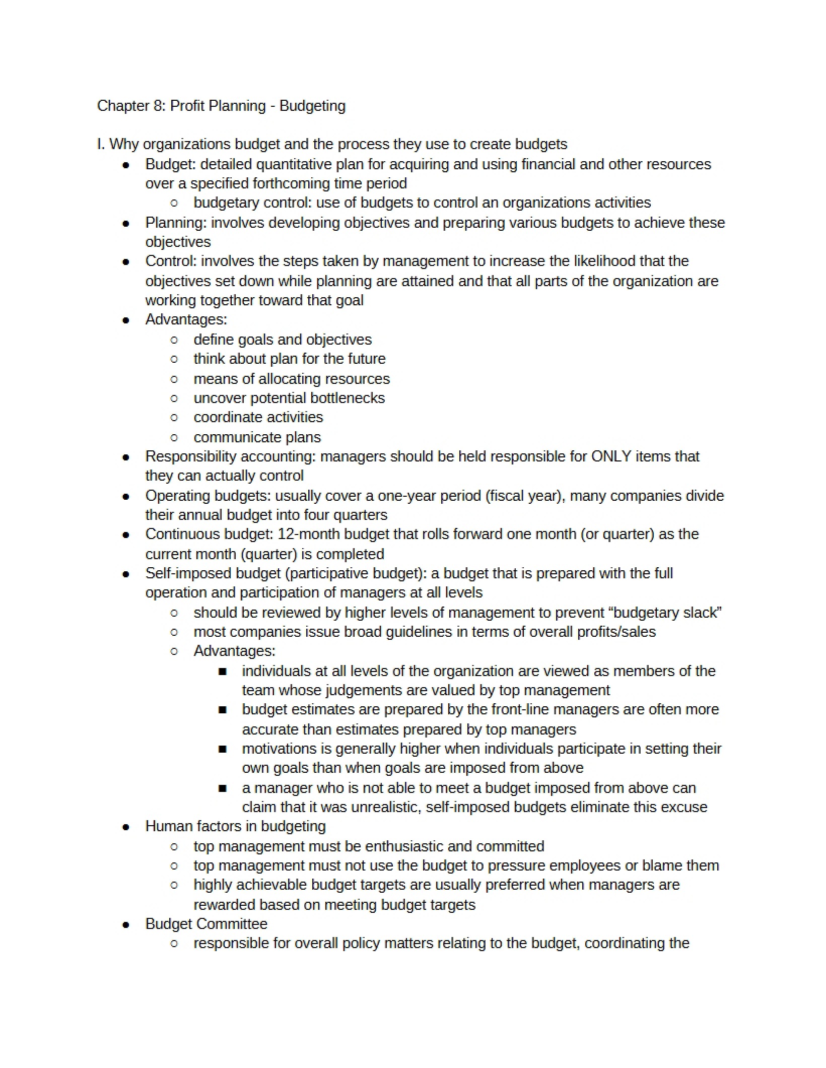 Ch. 8 Budgeting and Profit Planning